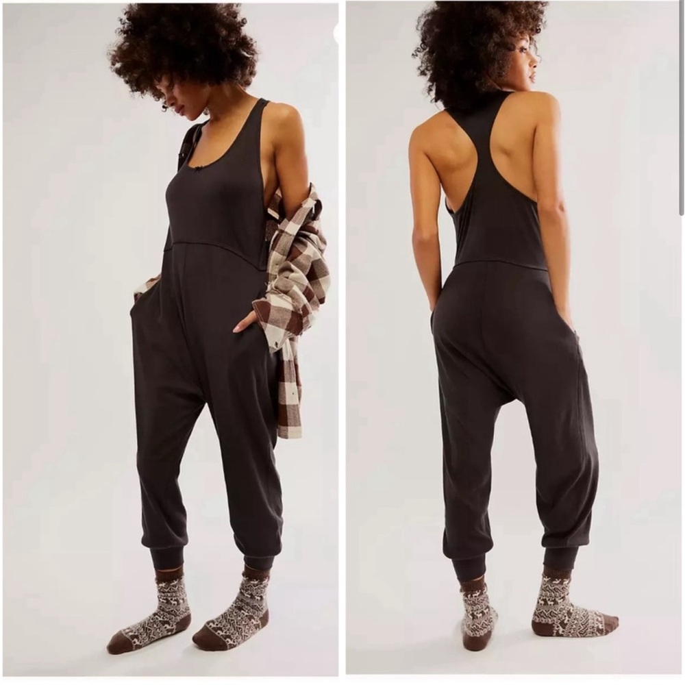 Free People Downtime Romper Onesie With Pockets in Washed Black Size Medium NWOT